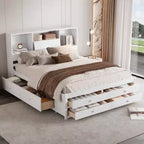 Queensize/kingsize platformbed van grenenhout met hoofdbord met opbergruimte en 8 laden