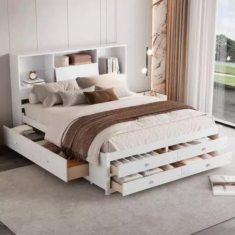 Queen/King Size Platform Bed Pine Wood Bed Frame with Storage Headboard and 8 Drawers