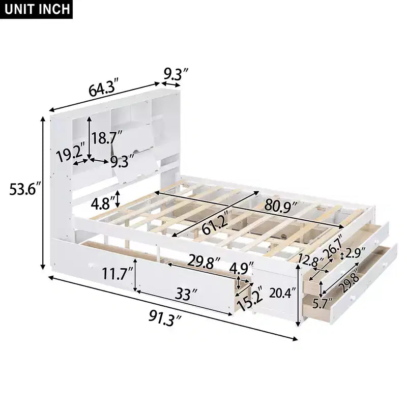 Queen/King Size Platform Bed Pine Wood Bed Frame with Storage Headboard and 8 Drawers