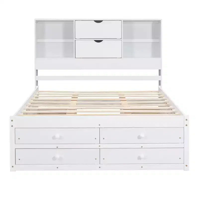 Queen/King Size Platform Bed Pine Wood Bed Frame with Storage Headboard and 8 Drawers