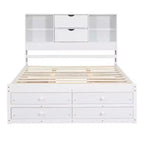 Queensize/kingsize platformbed van grenenhout met hoofdbord met opbergruimte en 8 laden