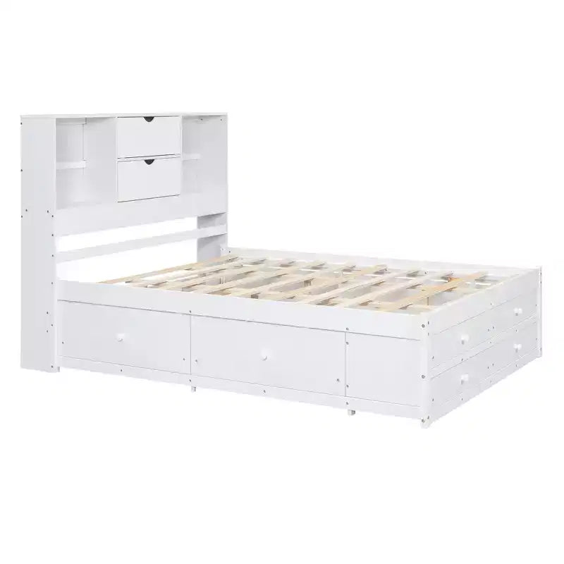 Queen/King Size Platform Bed Pine Wood Bed Frame with Storage Headboard and 8 Drawers