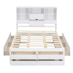 Queensize/kingsize platformbed van grenenhout met hoofdbord met opbergruimte en 8 laden