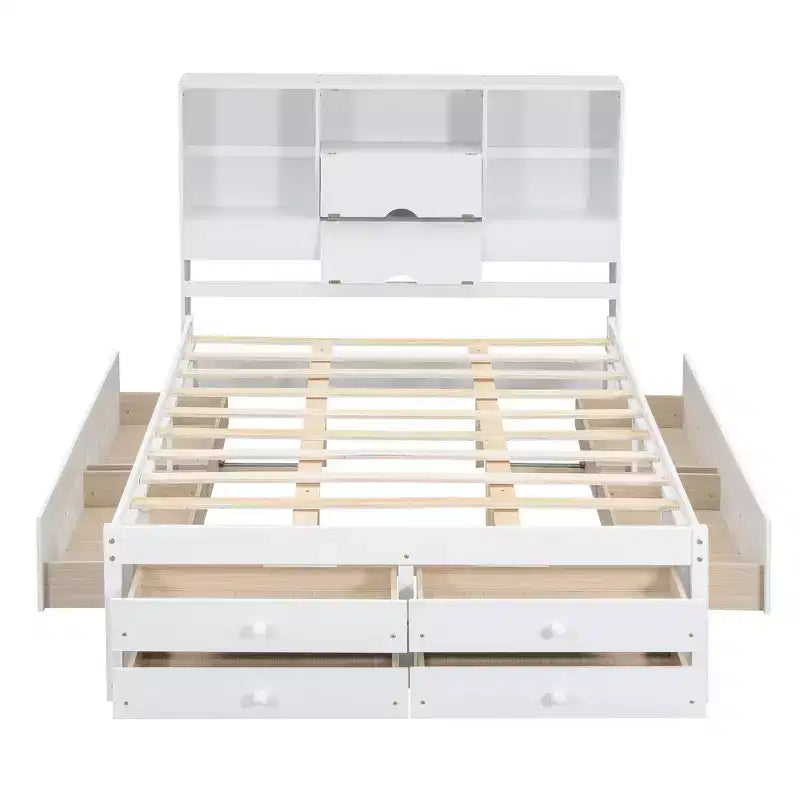 Queen/King Size Platform Bed Pine Wood Bed Frame with Storage Headboard and 8 Drawers