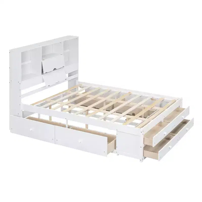 Queen/King Size Platform Bed Pine Wood Bed Frame with Storage Headboard and 8 Drawers
