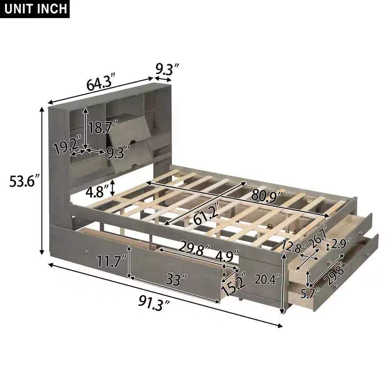 Queen/King Size Platform Bed Pine Wood Bed Frame with Storage Headboard and 8 Drawers