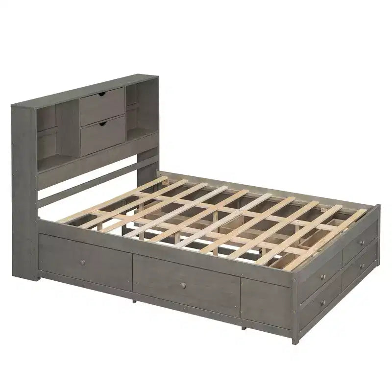 Queen/King Size Platform Bed Pine Wood Bed Frame with Storage Headboard and 8 Drawers