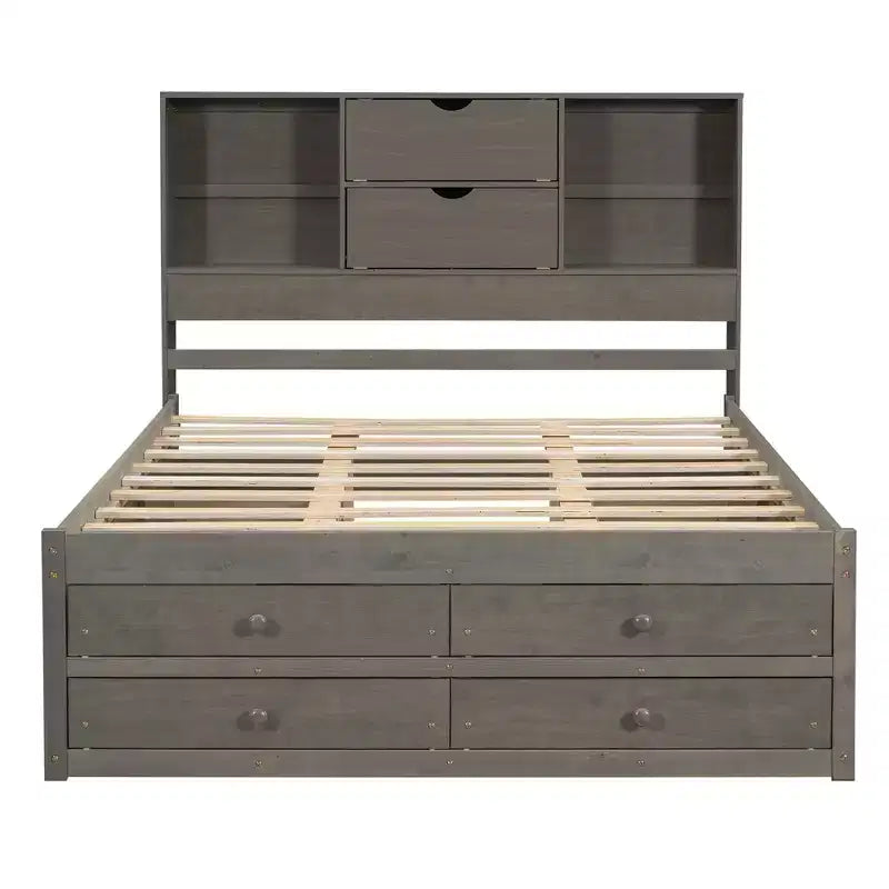 Queen/King Size Platform Bed Pine Wood Bed Frame with Storage Headboard and 8 Drawers