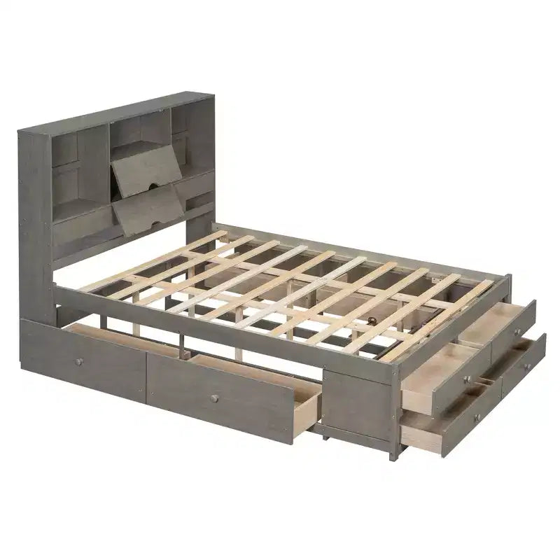 Queen/King Size Platform Bed Pine Wood Bed Frame with Storage Headboard and 8 Drawers