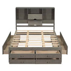 Queensize/kingsize platformbed van grenenhout met hoofdbord met opbergruimte en 8 laden