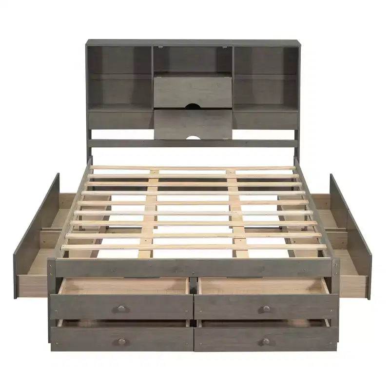 Queen/King Size Platform Bed Pine Wood Bed Frame with Storage Headboard and 8 Drawers