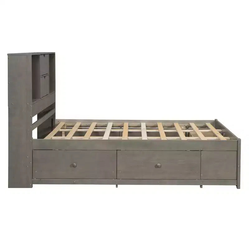 Queen/King Size Platform Bed Pine Wood Bed Frame with Storage Headboard and 8 Drawers