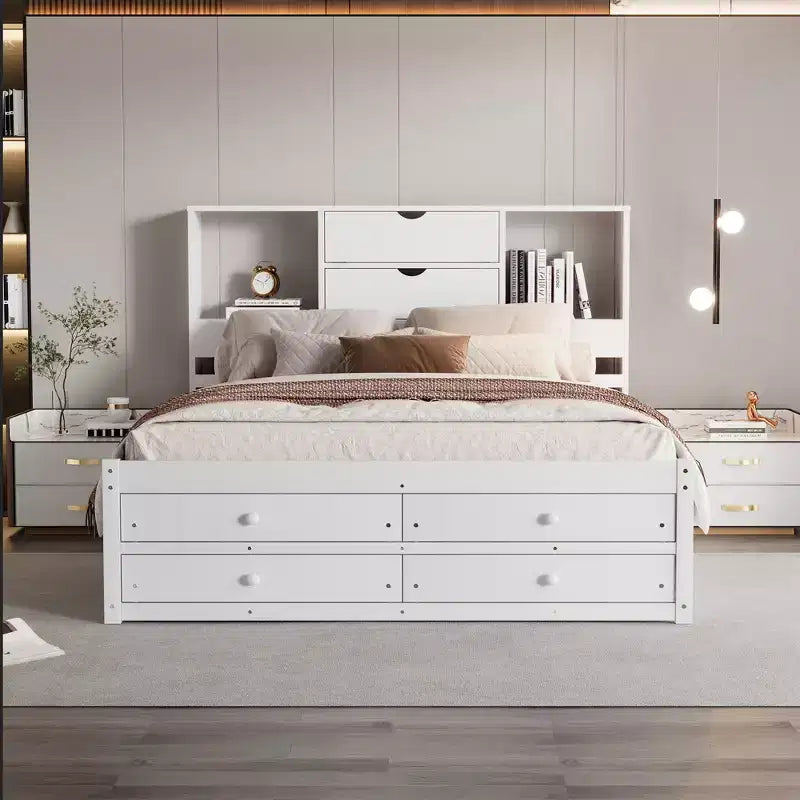 Queen/King Size Platform Bed Pine Wood Bed Frame with Storage Headboard and 8 Drawers