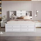Queensize/kingsize platformbed van grenenhout met hoofdbord met opbergruimte en 8 laden