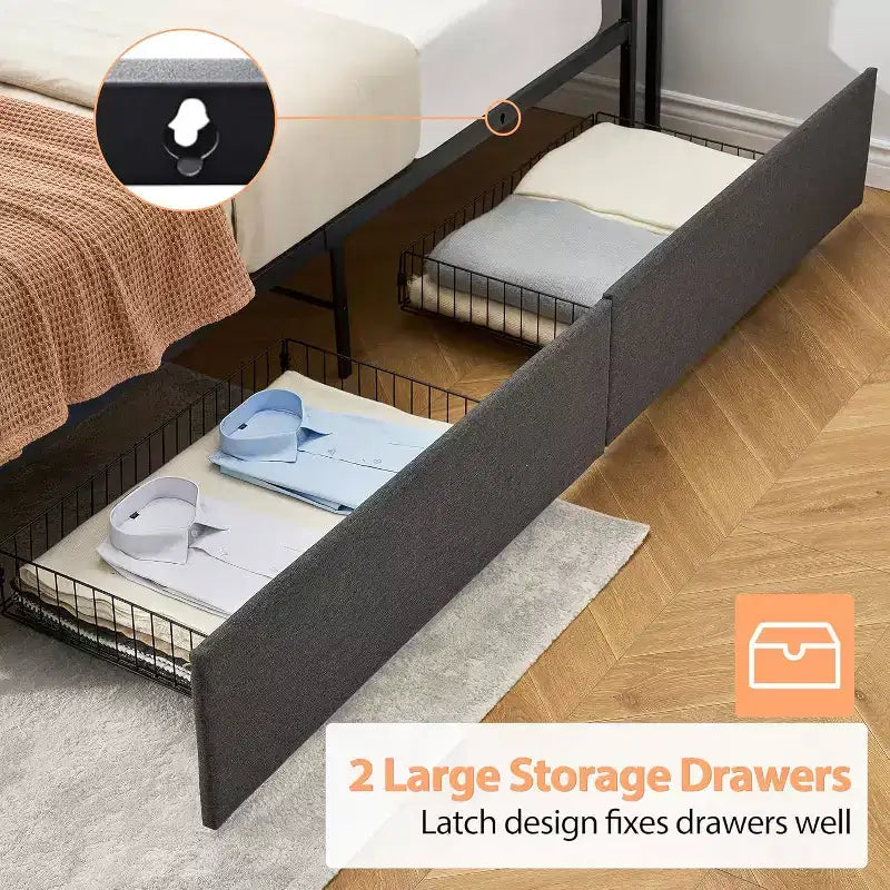 Upholstered Platform Bed Frame with Storage Drawers & Charging Headboard - Twin, Full, Queen or King Size, Gray