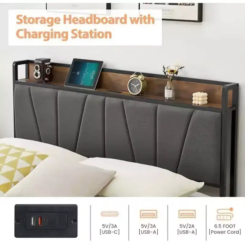 Upholstered Platform Bed Frame with Storage Drawers & Charging Headboard - Twin, Full, Queen or King Size, Gray