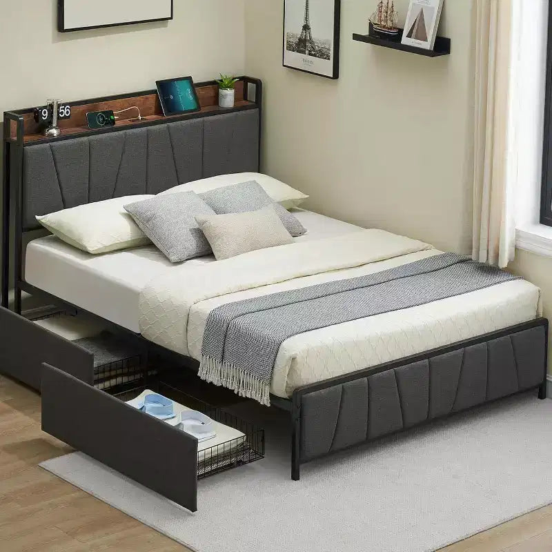 Upholstered Platform Bed Frame with Storage Drawers & Charging Headboard - Twin, Full, Queen or King Size, Gray