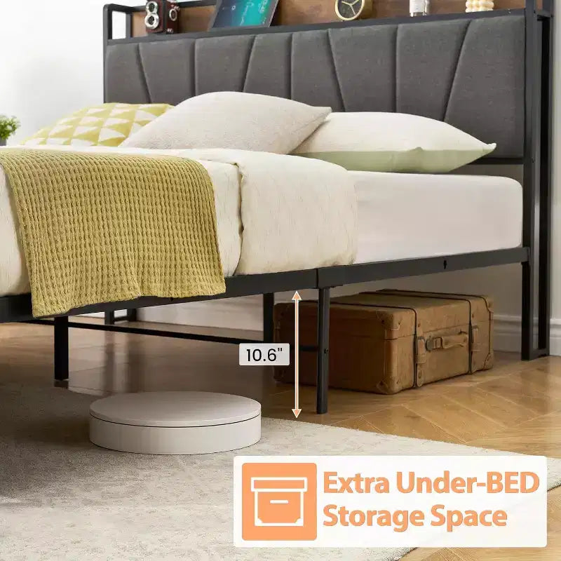 Upholstered Platform Bed Frame with Storage Drawers & Charging Headboard - Twin, Full, Queen or King Size, Gray
