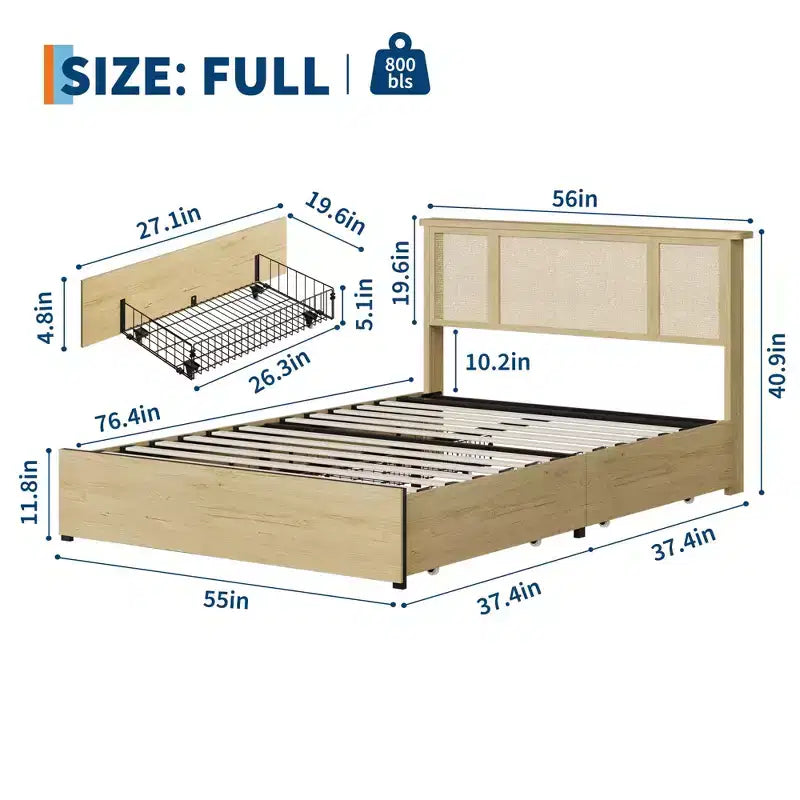 Queen Bed Frame with Rattan Headboard, Sturdy Metal Platform and Wooden Slats, No Box Spring Needed