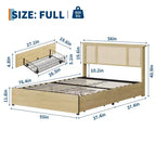Bettgestell in Queen-Size mit Rattan-Kopfteil, robuste Metallplattform und Holzlatten, kein Lattenrost erforderlich