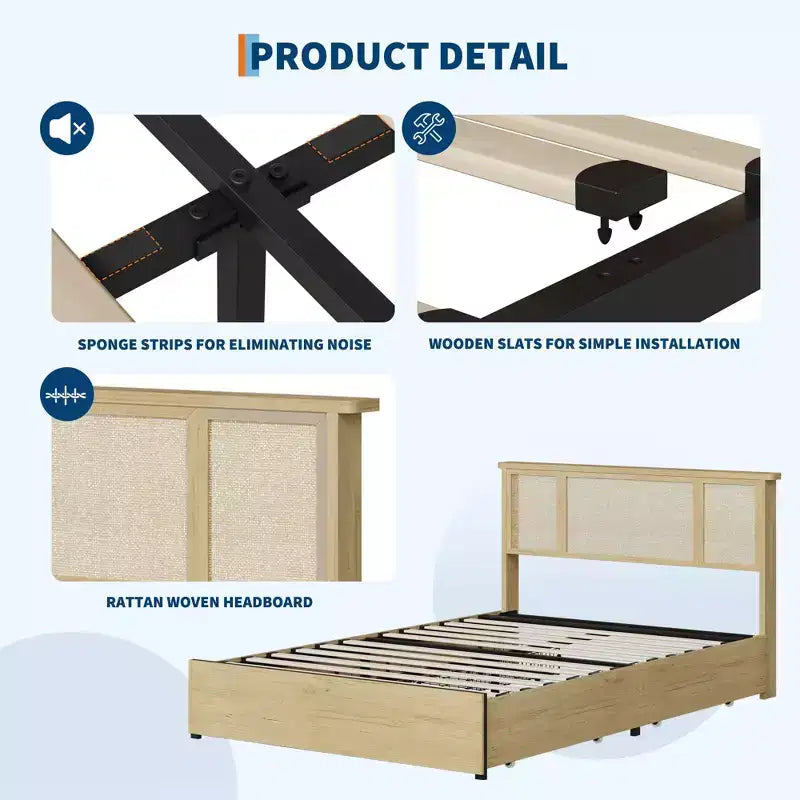 Queen Bed Frame with Rattan Headboard, Sturdy Metal Platform and Wooden Slats, No Box Spring Needed
