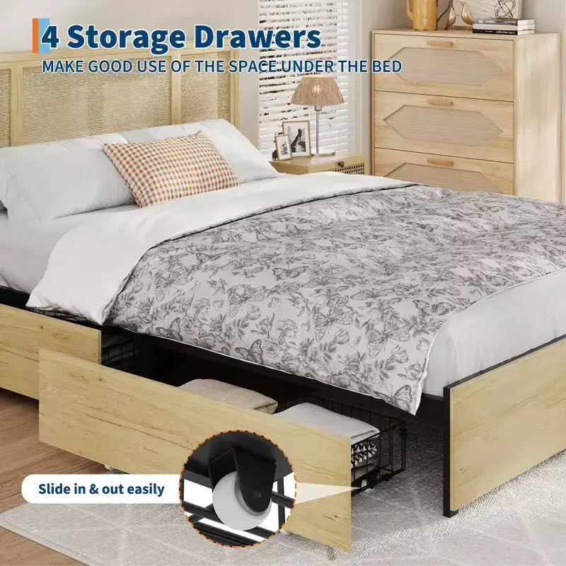 Queen Bed Frame with Rattan Headboard, Sturdy Metal Platform and Wooden Slats, No Box Spring Needed