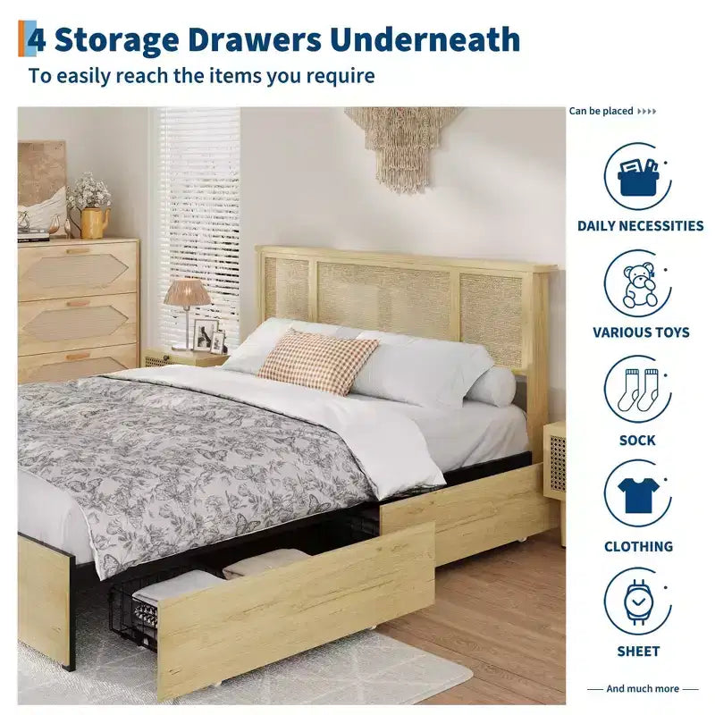 Queen Bed Frame with Rattan Headboard, Sturdy Metal Platform and Wooden Slats, No Box Spring Needed