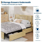 Bettgestell in Queen-Size mit Rattan-Kopfteil, robuste Metallplattform und Holzlatten, kein Lattenrost erforderlich