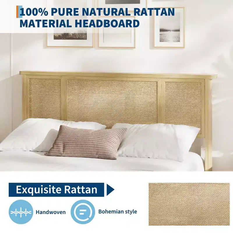 Queen Bed Frame with Rattan Headboard, Sturdy Metal Platform and Wooden Slats, No Box Spring Needed