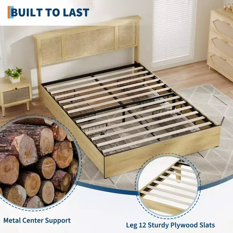 Queen Bed Frame with Rattan Headboard, Sturdy Metal Platform and Wooden Slats, No Box Spring Needed