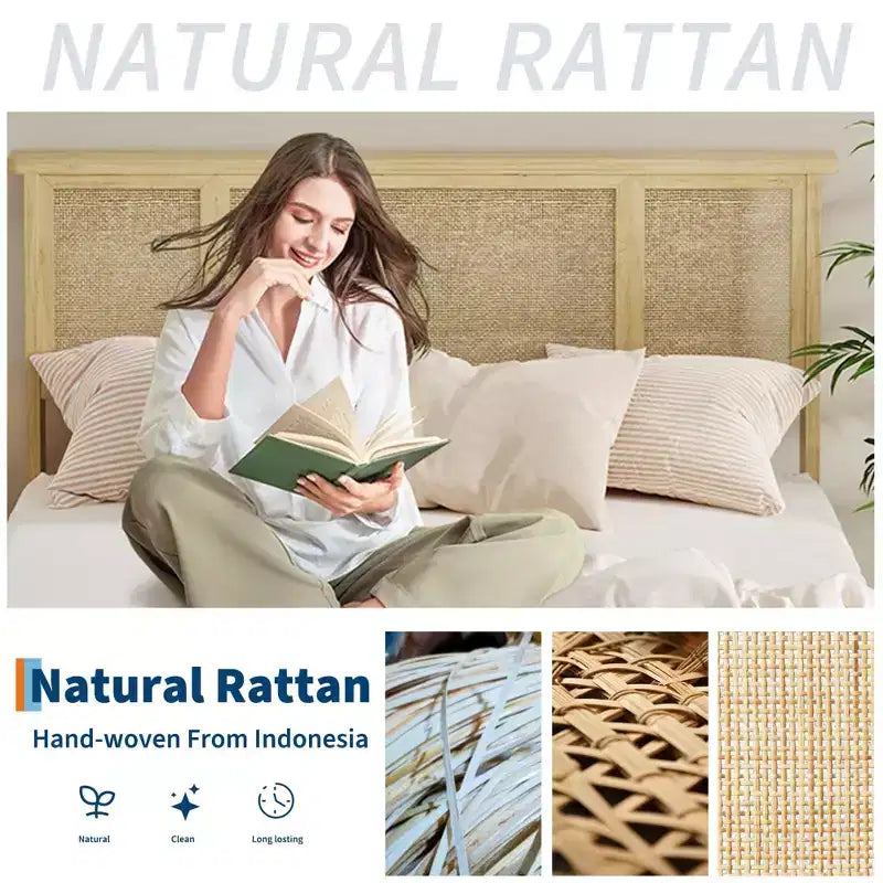 Queen Bed Frame with Rattan Headboard, Sturdy Metal Platform and Wooden Slats, No Box Spring Needed