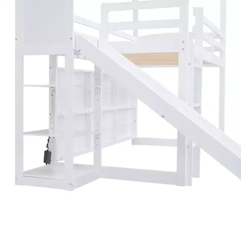 Twin Size House-style Bed with Slide, Space-saving Frame with Bookshelf & Integrated Storage Shelves