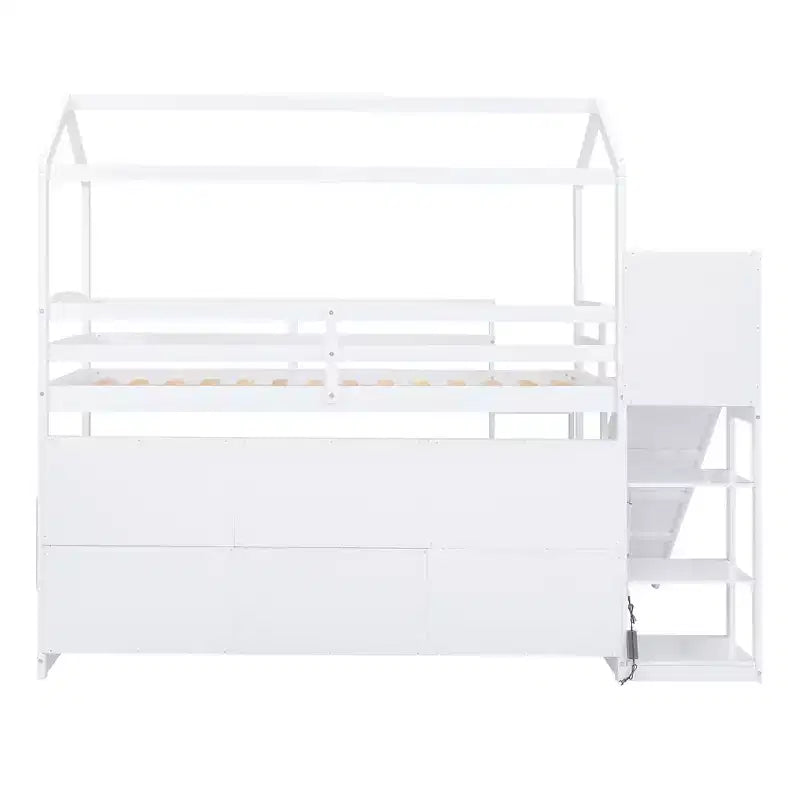 Twin Size House-style Bed with Slide, Space-saving Frame with Bookshelf & Integrated Storage Shelves