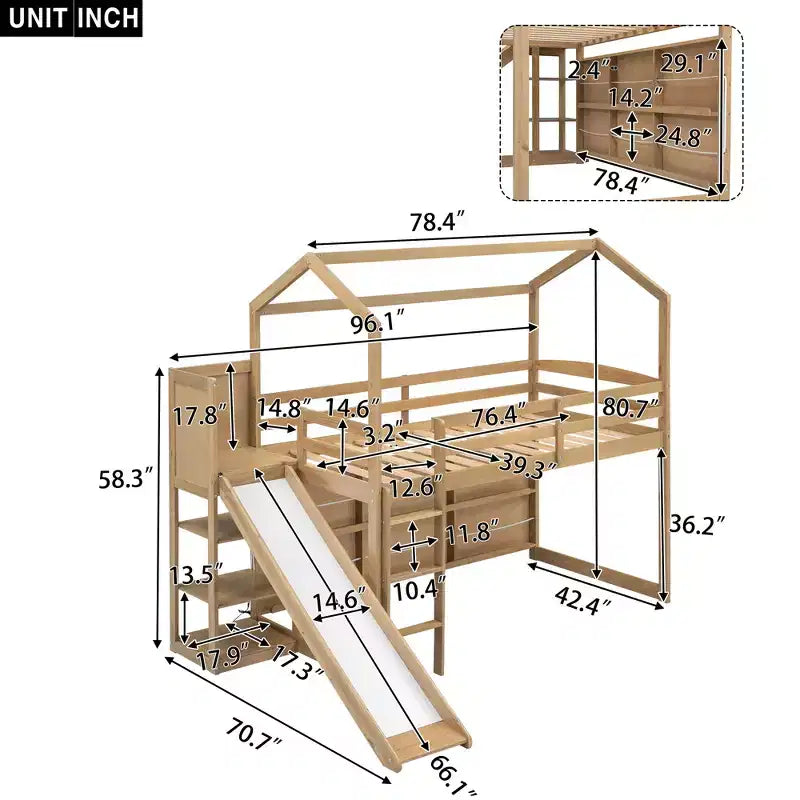 Twin Size House-style Bed with Slide, Space-saving Frame with Bookshelf & Integrated Storage Shelves
