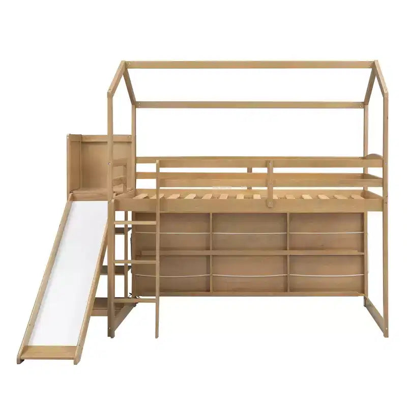 Twin Size House-style Bed with Slide, Space-saving Frame with Bookshelf & Integrated Storage Shelves