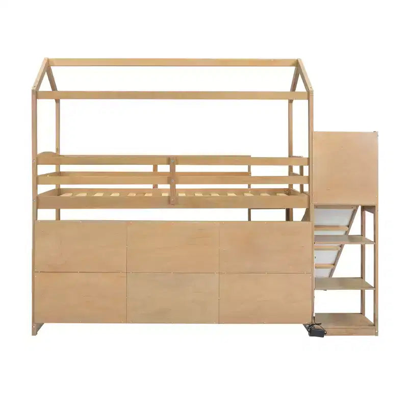 Twin Size House-style Bed with Slide, Space-saving Frame with Bookshelf & Integrated Storage Shelves