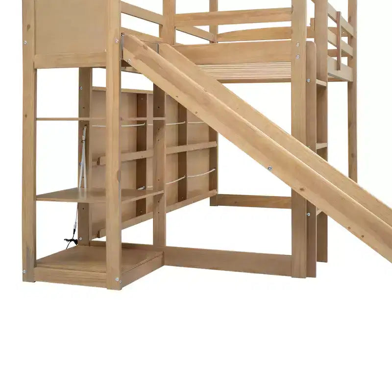 Twin Size House-style Bed with Slide, Space-saving Frame with Bookshelf & Integrated Storage Shelves