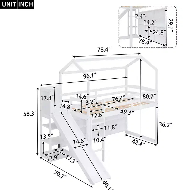 Twin Size House-style Bed with Slide, Space-saving Frame with Bookshelf & Integrated Storage Shelves