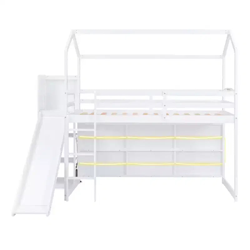 Twin Size House-style Bed with Slide, Space-saving Frame with Bookshelf & Integrated Storage Shelves