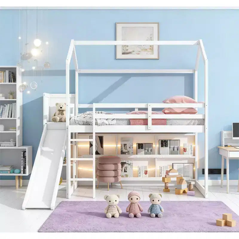 Twin Size House-style Bed with Slide, Space-saving Frame with Bookshelf & Integrated Storage Shelves