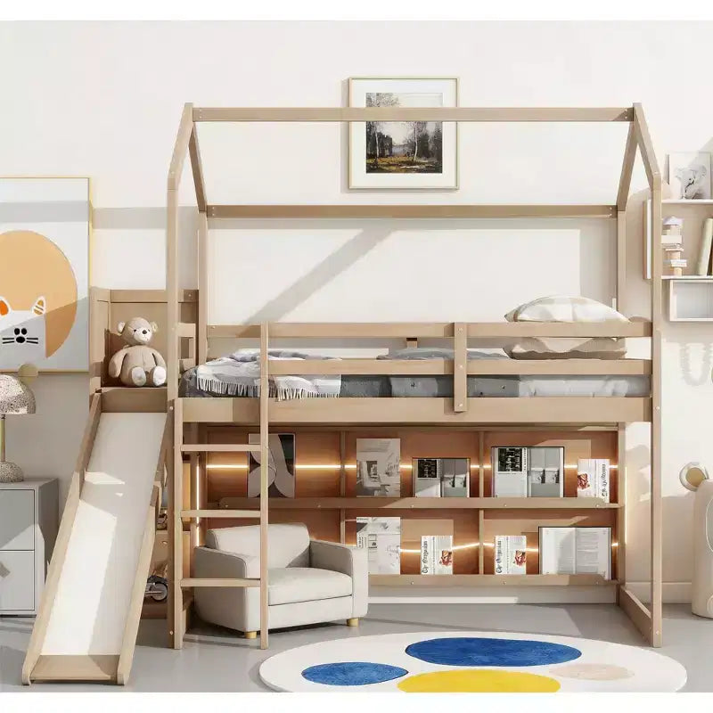 Bellemave Twin Size House-style Bed with Slide, Space-saving Frame with Bookshelf & Integrated Storage Shelves.