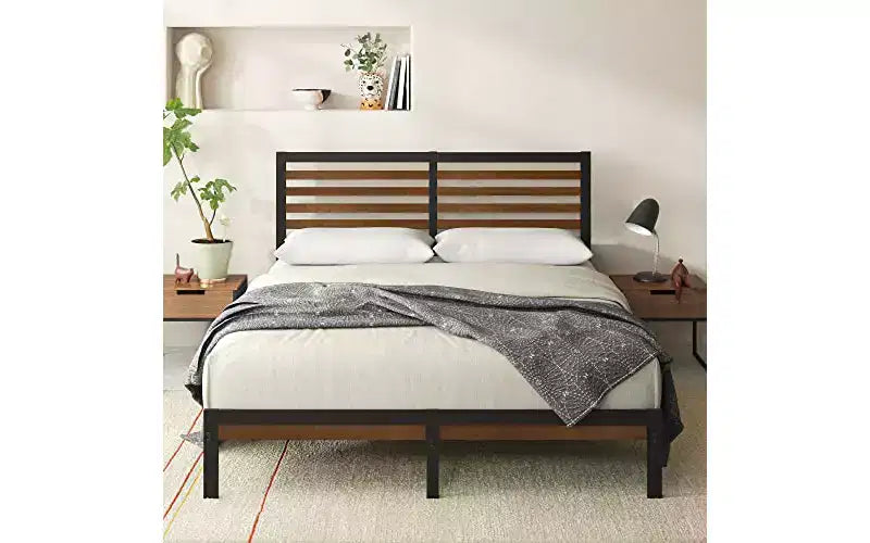 Bamboo and Metal Platform Bed Frame with Headboard, No Box Spring Needed, Easy Assembly, Queen, Brown