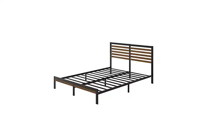 Bamboo and Metal Platform Bed Frame with Headboard, No Box Spring Needed, Easy Assembly, Queen, Brown