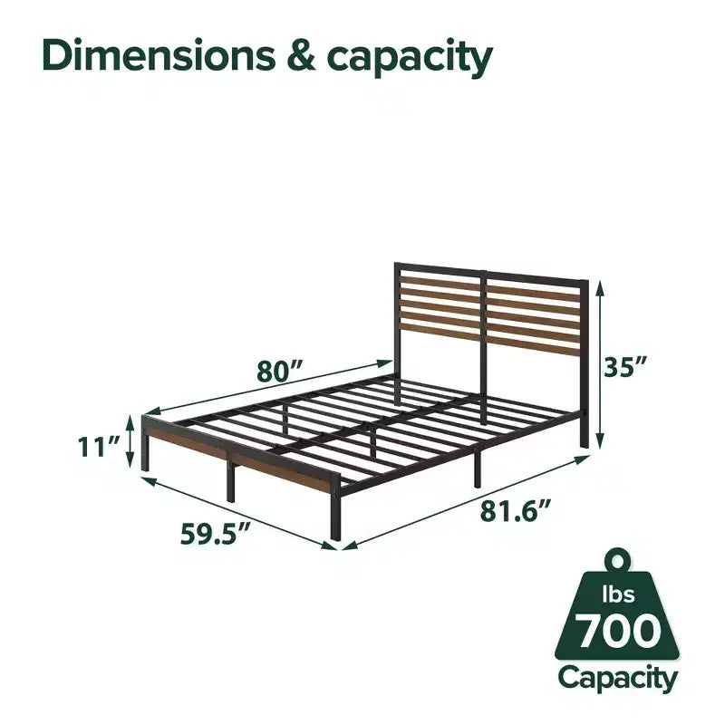 Bamboo and Metal Platform Bed Frame with Headboard, No Box Spring Needed, Easy Assembly, Queen, Brown