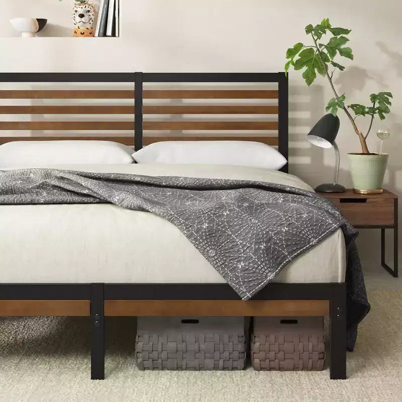 Bamboo and Metal Platform Bed Frame with Headboard, No Box Spring Needed, Easy Assembly, Queen, Brown