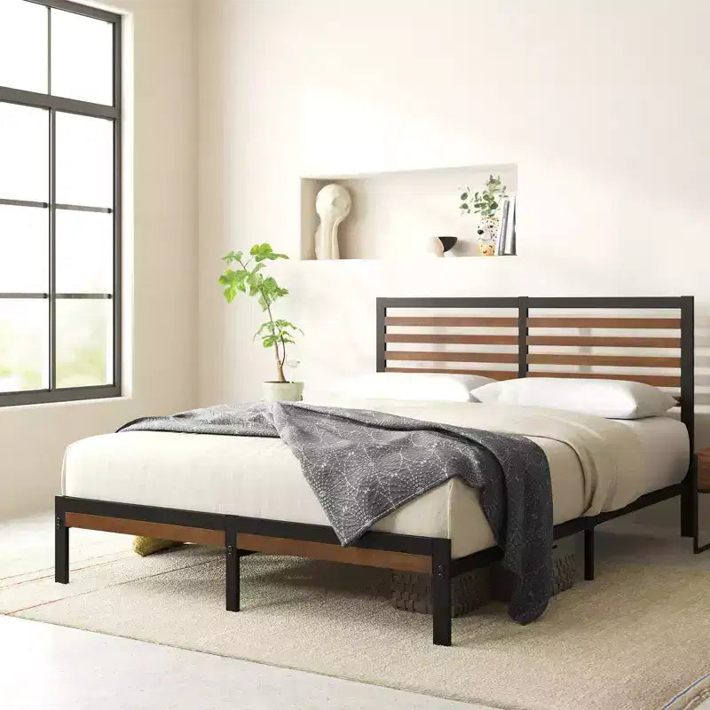 Bamboo and Metal Platform Bed Frame with Headboard, No Box Spring Needed, Easy Assembly, Queen, Brown
