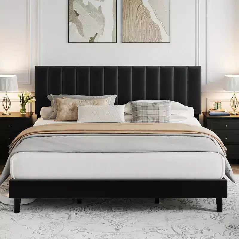 Adjustable Velvet Bed Frame with Vertical Channel Headboard - Platform Bed, No Box Spring Needed, Sturdy & Noise-Free Support
