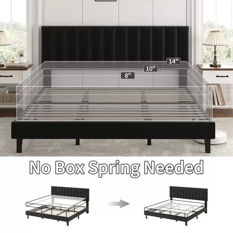 Adjustable Velvet Bed Frame with Vertical Channel Headboard - Platform Bed, No Box Spring Needed, Sturdy & Noise-Free Support