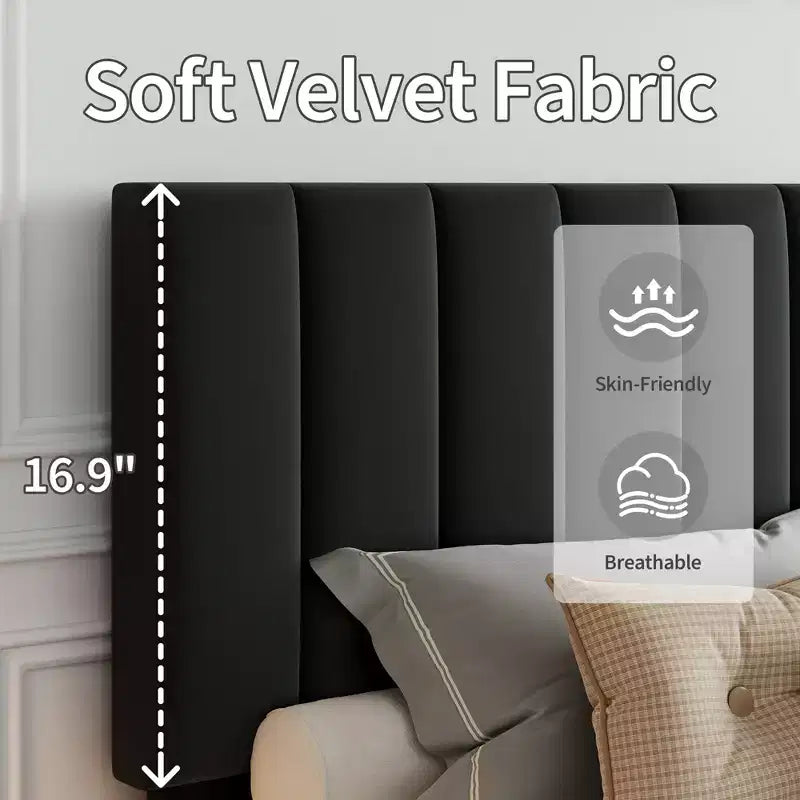 Adjustable Velvet Bed Frame with Vertical Channel Headboard - Platform Bed, No Box Spring Needed, Sturdy & Noise-Free Support