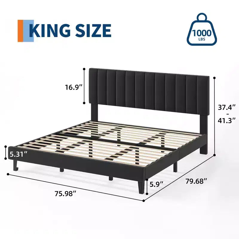 Adjustable Velvet Bed Frame with Vertical Channel Headboard - Platform Bed, No Box Spring Needed, Sturdy & Noise-Free Support